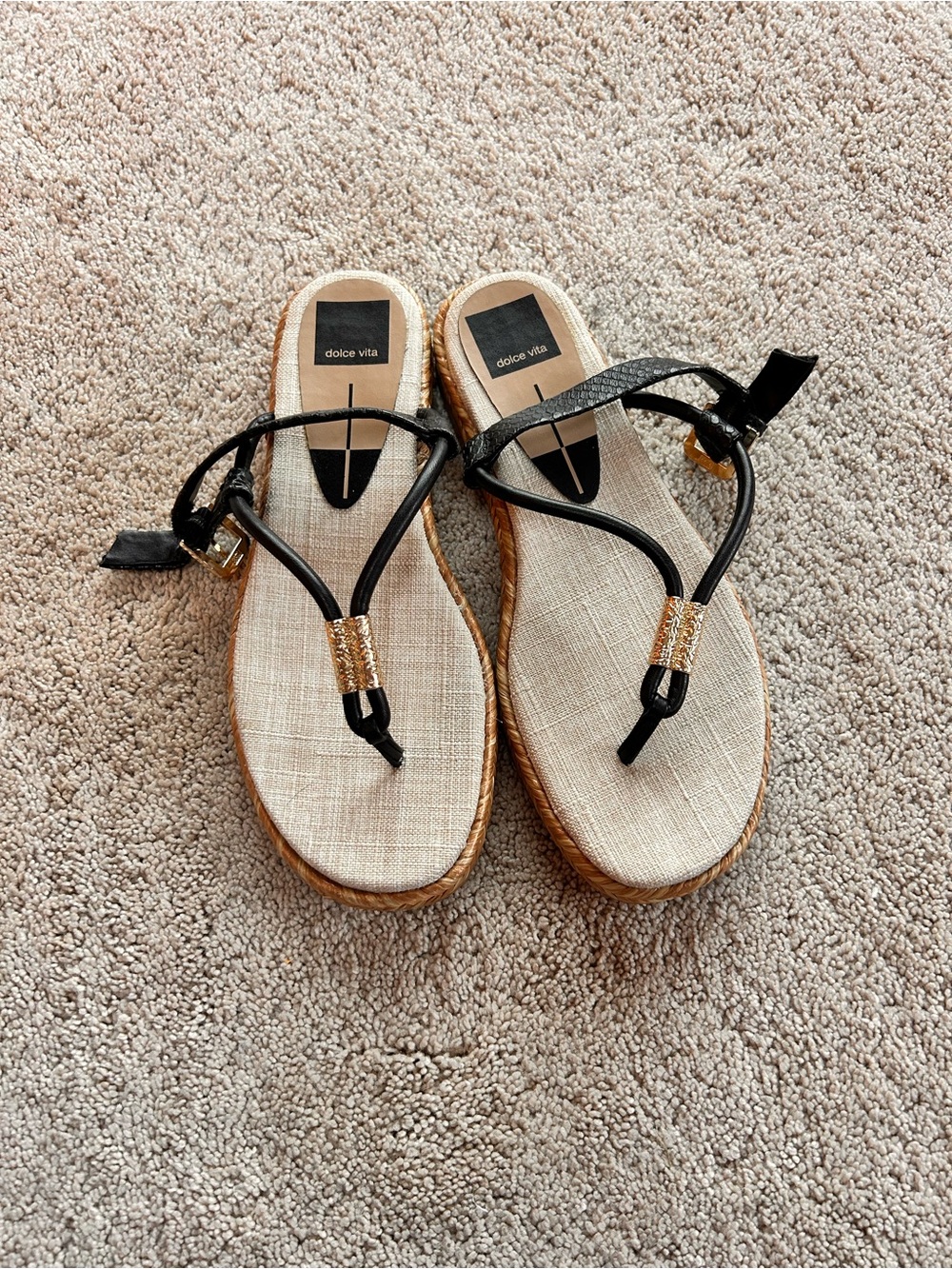 Dolce Vita Black Thong Espadrille Sandals with Gold Accents